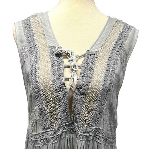 POL Silver Gray Boho Chic Sleeveless Sheer Lace Up Casual Tunic Top Women  Large - Picture 2 of 12